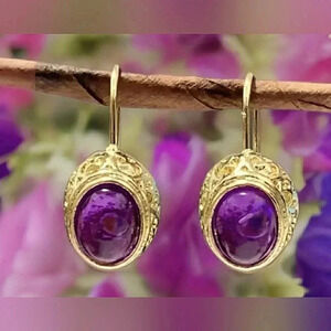 Purple Antique Filigree Gold Oval Victorian Boho Gypsy Festival Earrings